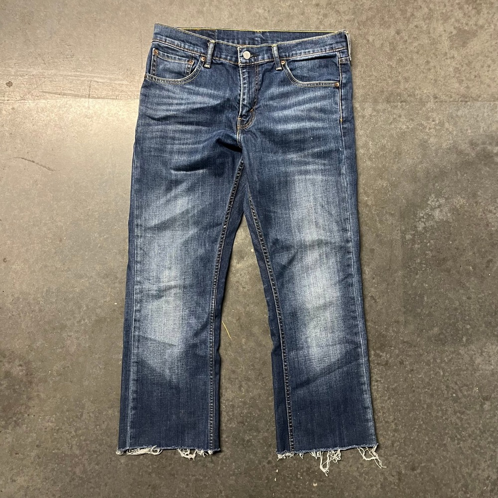 Levis 527 Slim Bootcut Jeans Mens 33x32 Blue Denim Raw Hem Frayed 4535